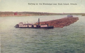 Postcard of Log Raft with Bowboat in Foreground